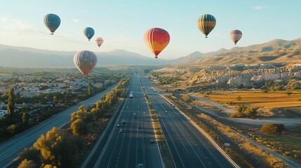 Fototapeta premium Hot air balloons soaring above a highway, creating a mesmerizing landscape and atmosphere