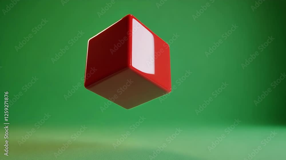 Poster glossy red cube with white panel performing smooth rotation against chroma key green screen, showcas