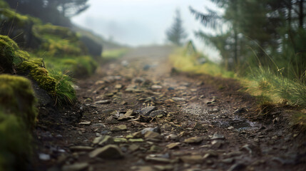 Fototapeta premium Misty Forest Path with Moss and Rocks