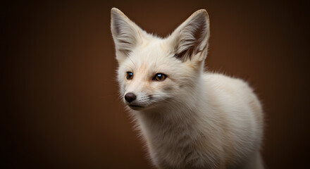 Adorable Albino Fox Kit: A Stunning Portrait Against a Rich Brown Background