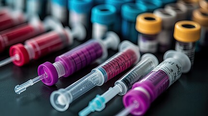 Lab samples syringes, vials, research, dark background, medical analysis
