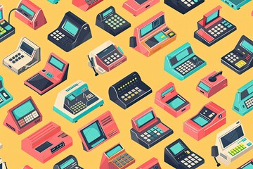 A Colorful Collection Of Vintage Cash Registers And Calculators