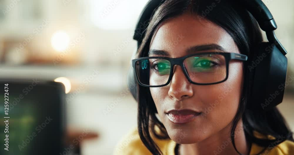 Poster Reading, coder and computer with woman at home for freelance developer, gaming programmer and glasses. Gameplay database, character design and remote software engineer with person and headphones