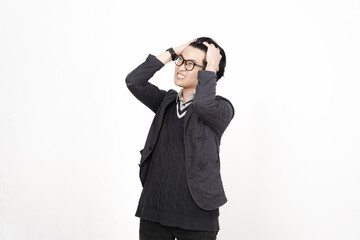 Hand on Head Thoughtful and Suffering Headache Of Handsome Asian Man Isolated On White Background
