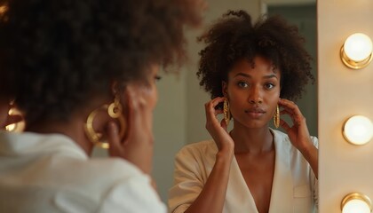 Woman Adorning Gold Earrings Looking in Vanity Mirror with Warm Lighting