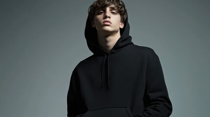 Obraz premium A stylish young man in a black hoodie, captured from a low angle, exuding confidence