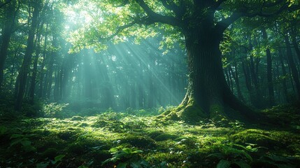 Majestic tree in a sunlit forest, with rays of light filtering through lush green foliage