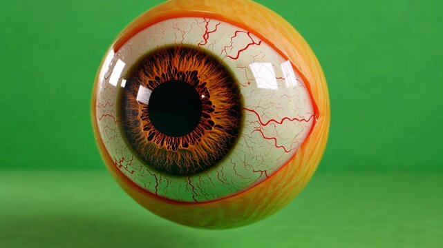 An unsettling orange eyeball wide open and staring positioned prominently against the lush green backdrop.