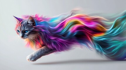 Rainbow mane cat in motion fantasy feline art majestic vibrant