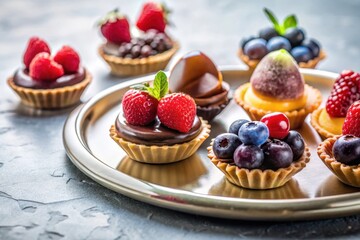 A delectable assortment of miniature tarts, adorned with an array of fresh berries and rich chocolate ganache, elegantly presented on a silver platter.