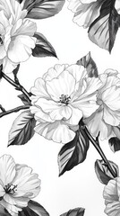 Elegant black and white floral illustration showcasing detailed blossoms and leaves
