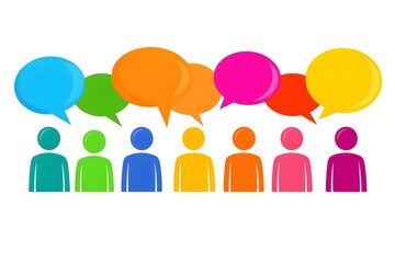 Rainbow of Voices: A vibrant illustration showcasing a diverse group of individuals, each represented by a uniquely colored figure, with colorful speech bubbles above them, symbolizing communication.
