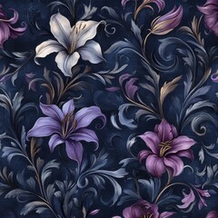 Elegant Floral Pattern with Lilies and Purple Flowers on Dark Background