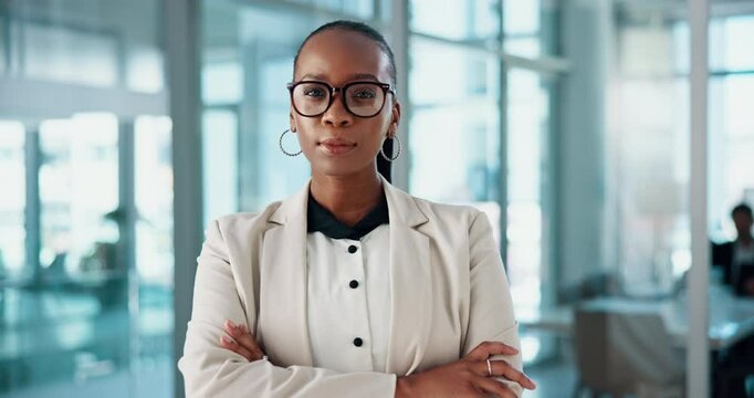Business, face and woman with arms crossed in office for government service and practice management. Professional, black person and serious at law firm for legal development, growth and career pride
