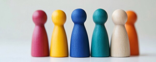 Colorful wooden pawns standing in line representing diverse group