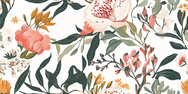 Australian flowers vector seamless repeating pattern of eucalyptus, proteas wattles leaves on a white background, Botanical print with soft pastel colors