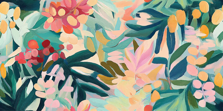 Modern tropical floral pattern. Colorful abstract contemporary seamless pattern. Hand drawn unique print painting of a rainforest