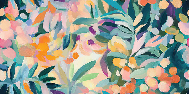 Modern tropical floral pattern. Colorful abstract contemporary seamless pattern. Hand drawn unique print painting of a rainforest