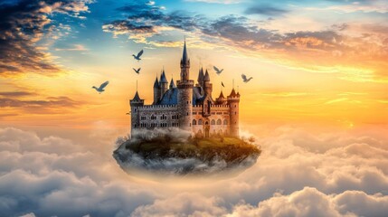 Naklejka premium Enchanting Floating Castle Surrounded by Clouds and Birds at Sunset with a Dreamy Atmosphere