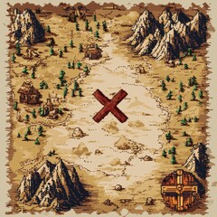 Ancient Pixel Style Map on Parchment with Marked Location