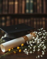 A serene moment of a diploma resting on a table with congratulatory flowers