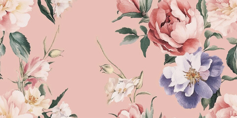 Elegant Watercolor Floral vector Seamless Pattern with Soft Pastel Flowers on Dusty Rose Background, Delicate Hand-Painted Botanical Design for Fabric, Wallpaper, and Packaging