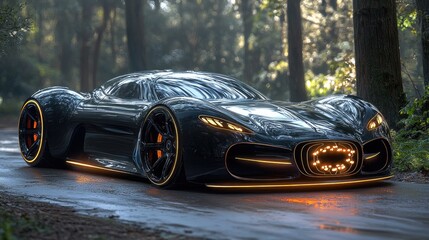 Sleek black sports car on a forest road, illuminated by soft lights, surrounded by lush greenery