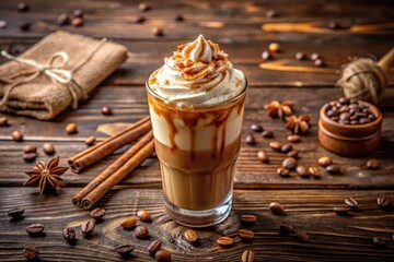 Indulgent Caramel Coffee Drink with Whipped Cream, Cinnamon Sticks, and Star Anise on Rustic Wooden Surface