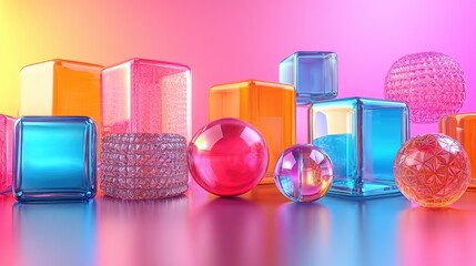 Colorful translucent geometric shapes arranged artistically on a reflective surface with vibrant lighting