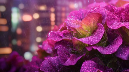 14.A close-up of a vibrant bush of young magenta lettuce, glistening with fresh rain droplets, showcasing the intricate details of its leaves.