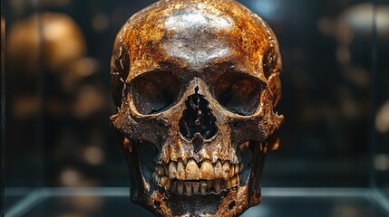 Detailed view of an ancient skull displayed in a museum with blurred artifacts in the background