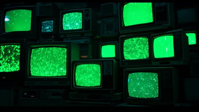 Retro television wall with evolving green static and glitches in dark room