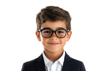 Happy school boy in glasses wearing a suit isolated on white or transparent, PNG