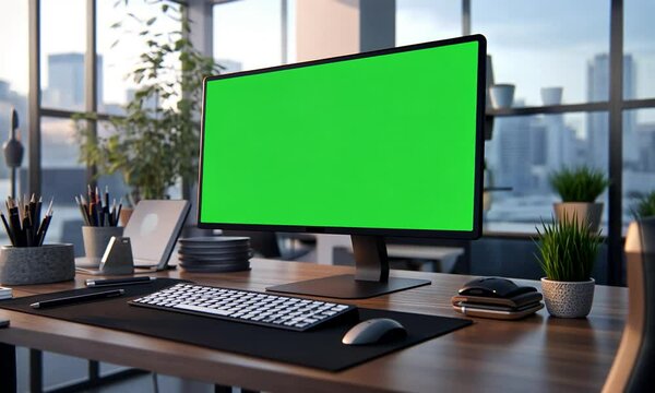 A modern workspace featuring a computer monitor with a green screen, a keyboard, and a mouse on a wooden desk, surrounded by plants and office supplies.