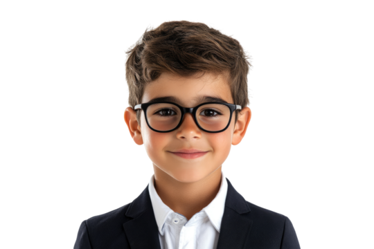 Happy school boy in glasses wearing a suit isolated on white or transparent, PNG