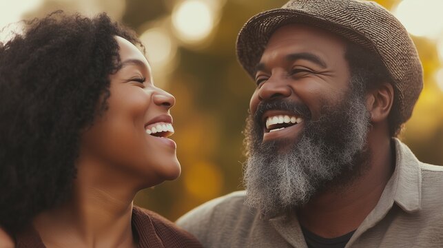 An african american couple smiling. A couple of men are laughing and talking. A generative ai is a great way to get outdoors. A couple of african american descent lifestyle smiling.