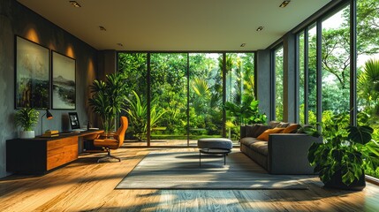 Fototapeta premium Modern living room with large windows showcasing lush greenery and natural light
