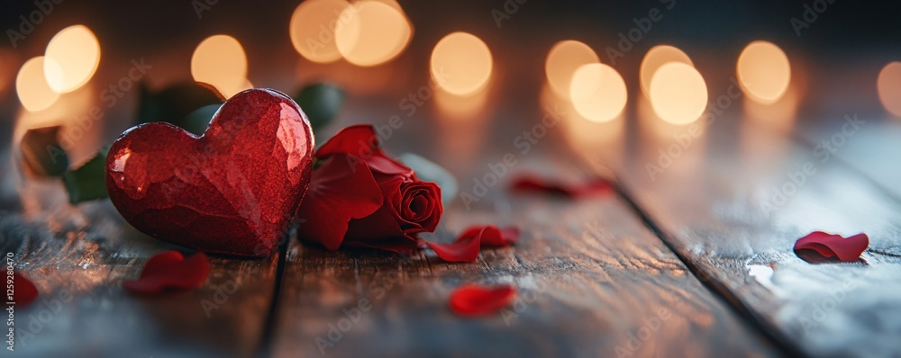 Poster Red rose and heart resting on a table with sparkling lights in background