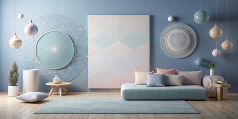 Serene Minimalist Living Room Design with Pastel Accents and Geometric Wall Decor
