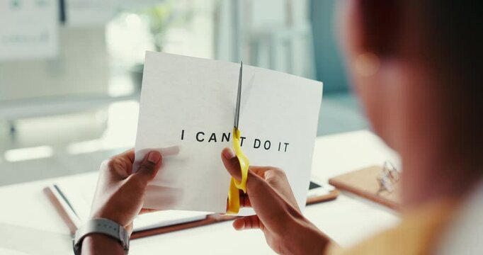 Scissors, paper and person with text for motivation, I can words and positive mindset for challenge. Change, letters and hands cut quote or manifest message of inspiration to progress to future goal
