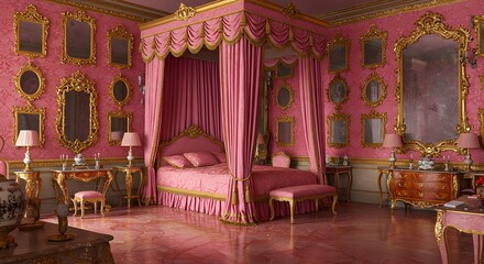 Ornate Pink Bedroom Interior with Canopy Bed and Gold Details