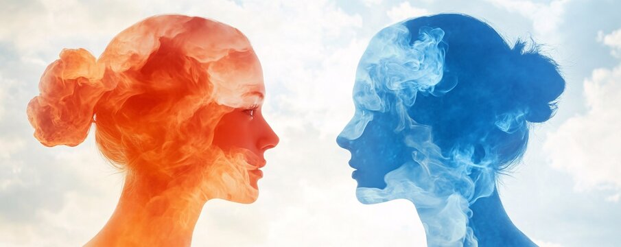 Two female profiles filled with red and blue smoke representing opposing temperaments