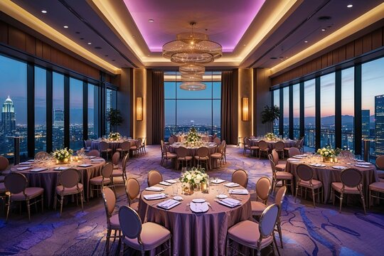Elegant Corporate Venue with Chic Table Arrangements and Sophisticated Mood Lighting for Upscale Events