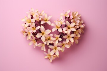 Obraz premium Heart shaped arrangement of pink and white plumeria flowers on pink background with copy space. Love concept for Valentines Day, Mothers Day, wedding and romantic