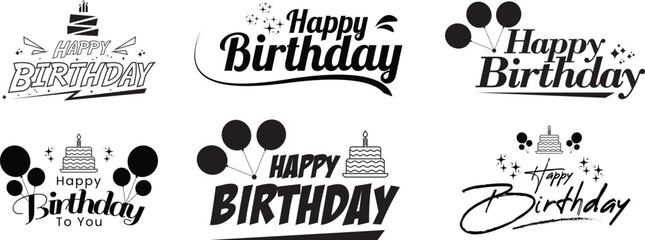 Set of happy birthday greeting card. Happy birthday celebration concept with balloon, cake, and decorative elements