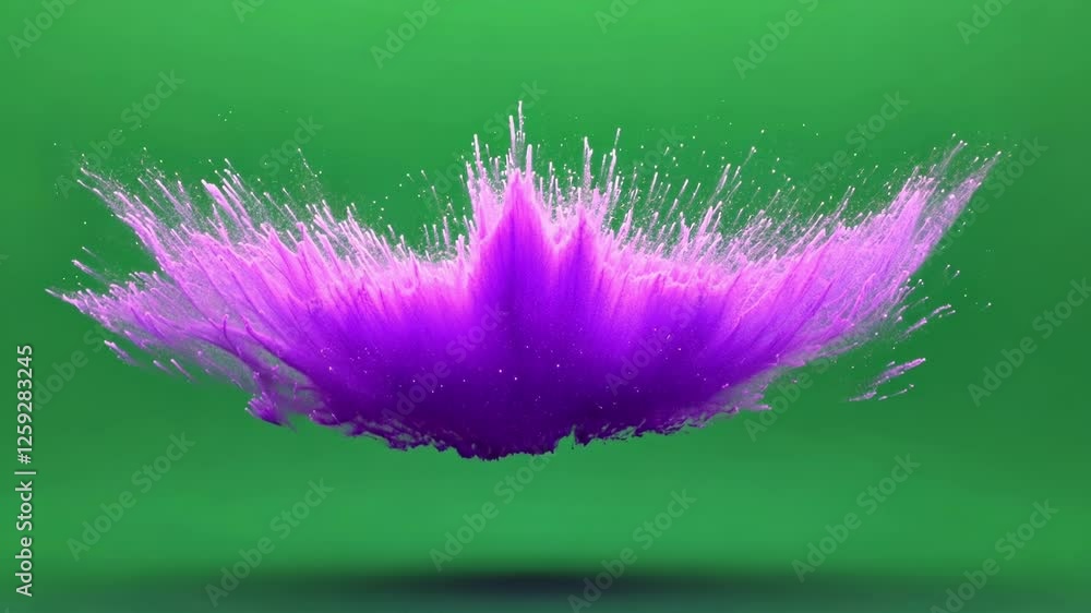 Poster purple particles explode and expand on a vibrant green screen background, creating a dynamic visual 