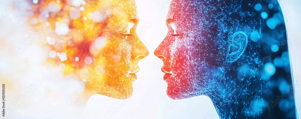 Poster Two faces forming from a network mesh showing artificial intelligence