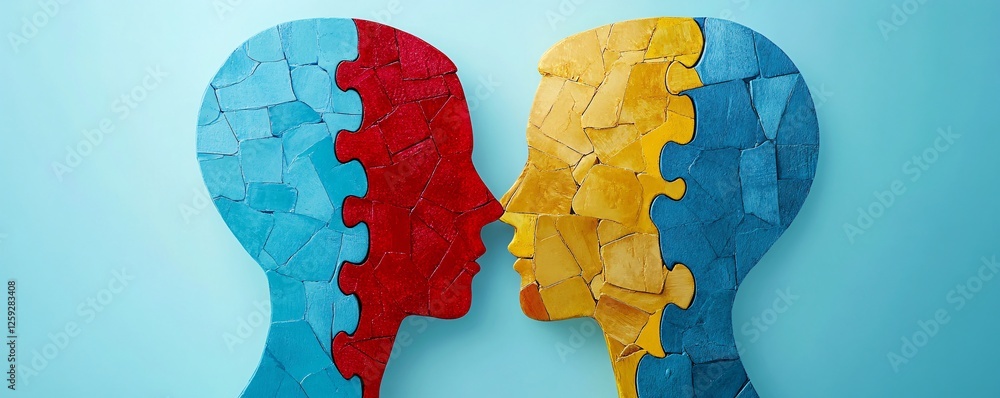 Aufkleber two heads facing each other made of puzzle pieces representing different thinking styles