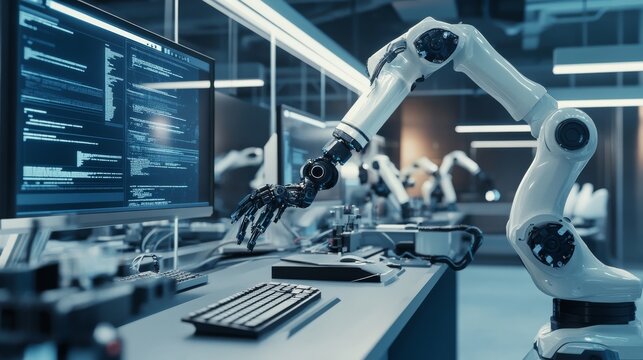 Advanced robotics lab. Featuring robotic arms and workstations. Highlighting innovation in robotics and AI technology. Ideal for tech publications.