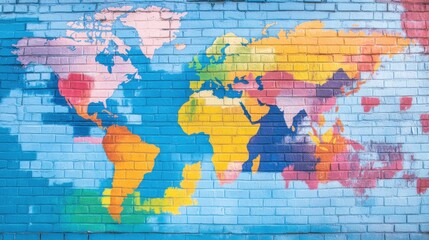 Colorful world map mural on brick wall in urban setting